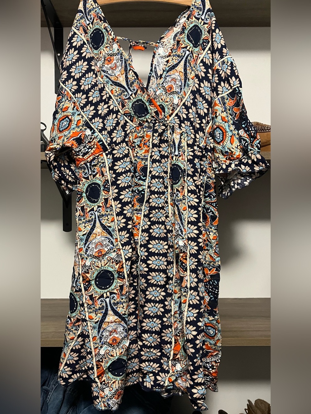 SHEIN Navy Floral Paisley Tie-Front Tunic with Orange & Light Blue Accents